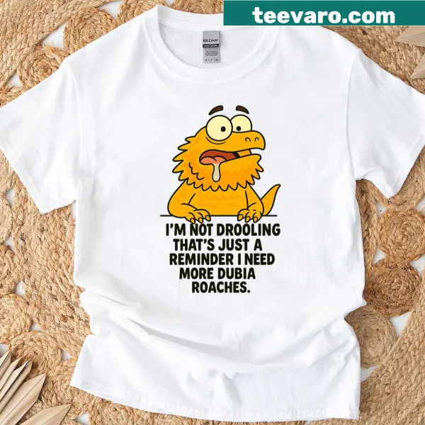 Illustration of a bearded dragon with funny text on oversized T-shirt