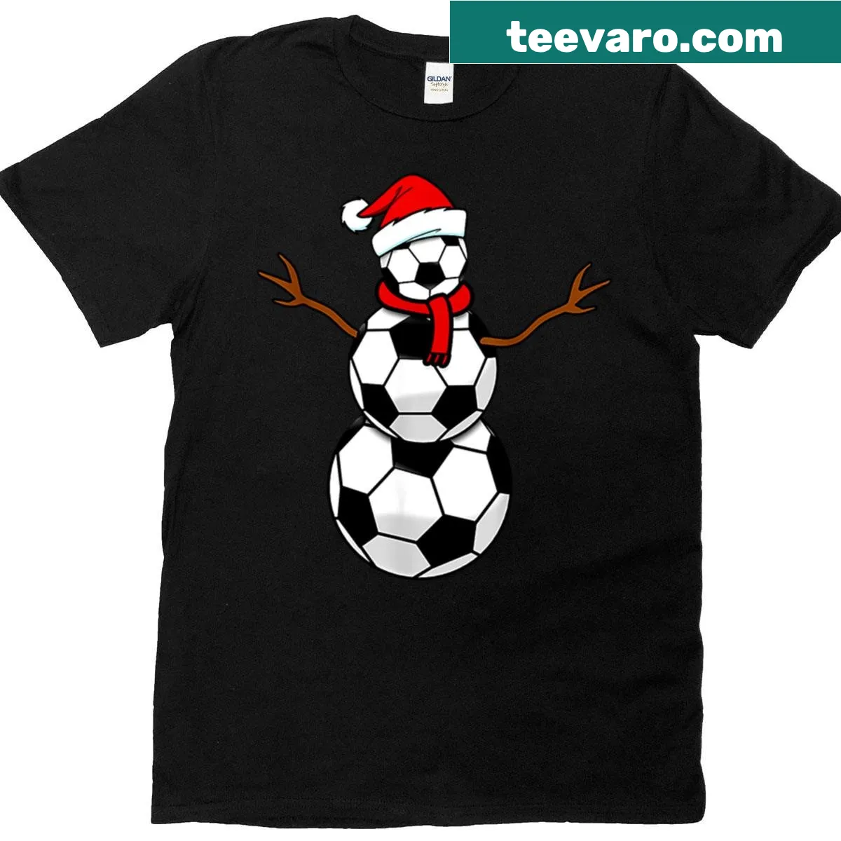 Cartoon-style T-shirt featuring Santa, snowman, and soccer balls for Christmas — on a men's t-shirt