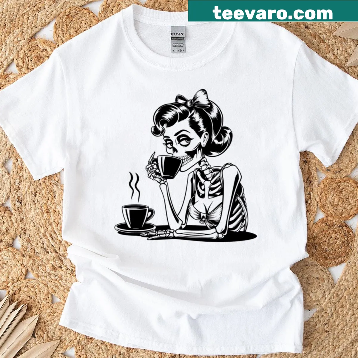 Graphic T-shirt featuring a skeleton with coffee and humorous text — on a men's t-shirt
