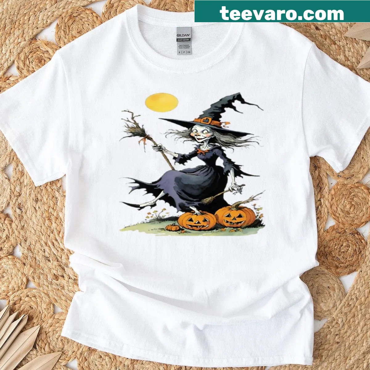 Funny witch and pumpkins design Halloween T-shirt — on a men's t-shirt