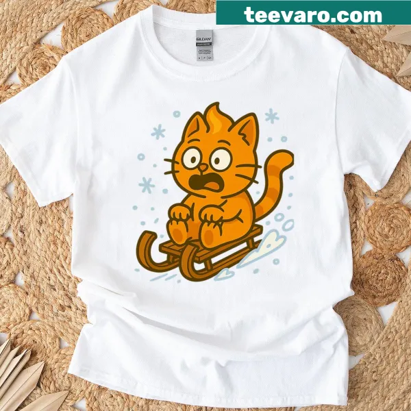 Cartoon of an orange cat sliding down a hill on a sled