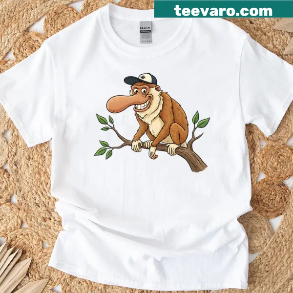 Cartoon proboscis monkey in a hat on a funny t-shirt