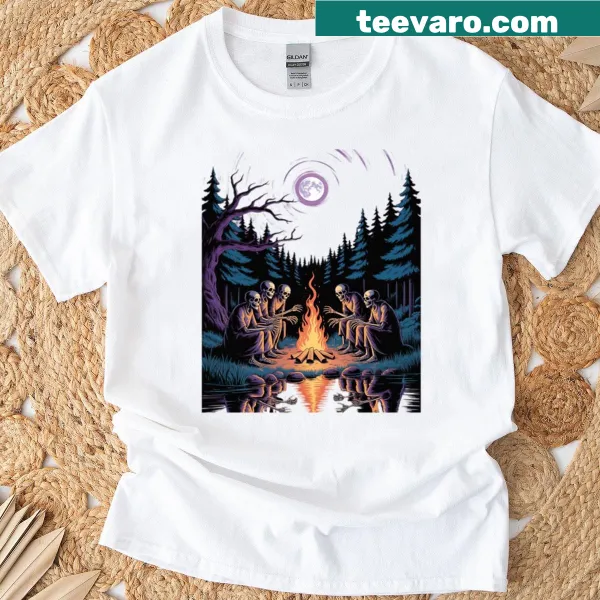 Horror-themed T-shirt featuring a ghost and skeleton by a campfire