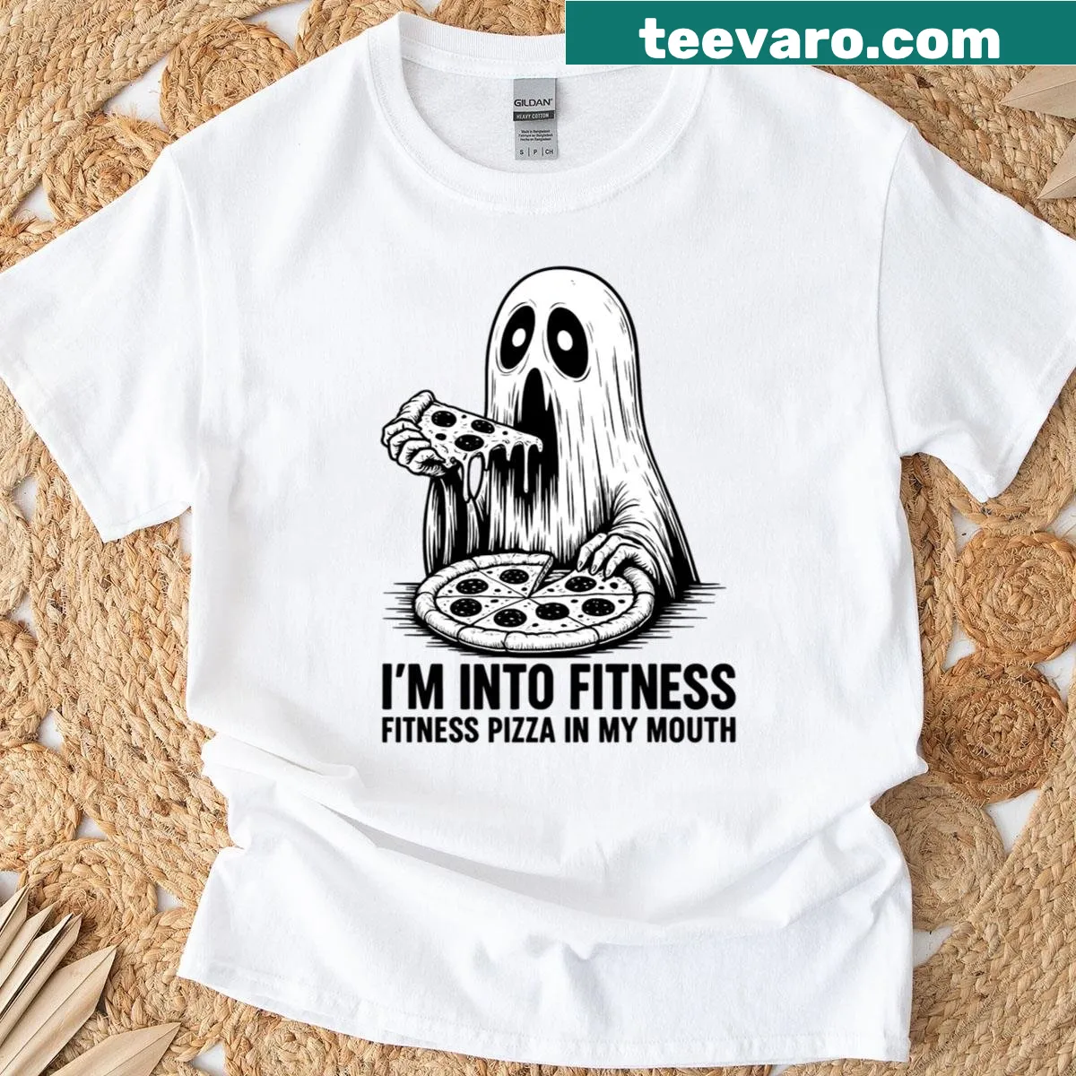 Cartoon ghost eating pizza in a humorous Halloween design — on a men's t-shirt