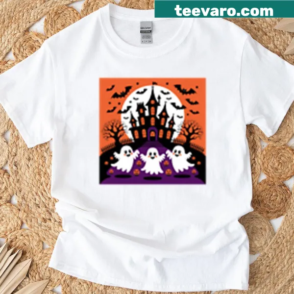 Playful cartoon ghosts in a party setting on a t-shirt