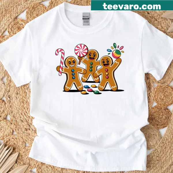T-shirt featuring whimsical graphics of gingerbread cookies in a rebellion