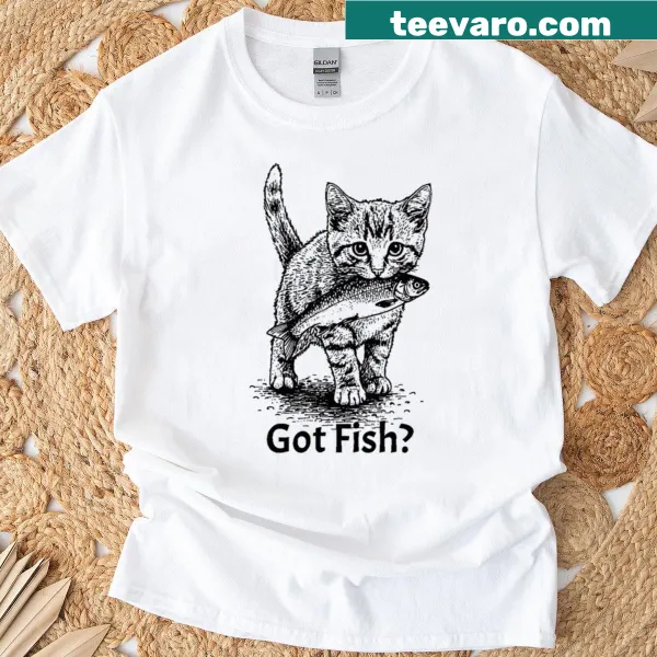 Witty kitten fishing sketch graphic on a T-shirt
