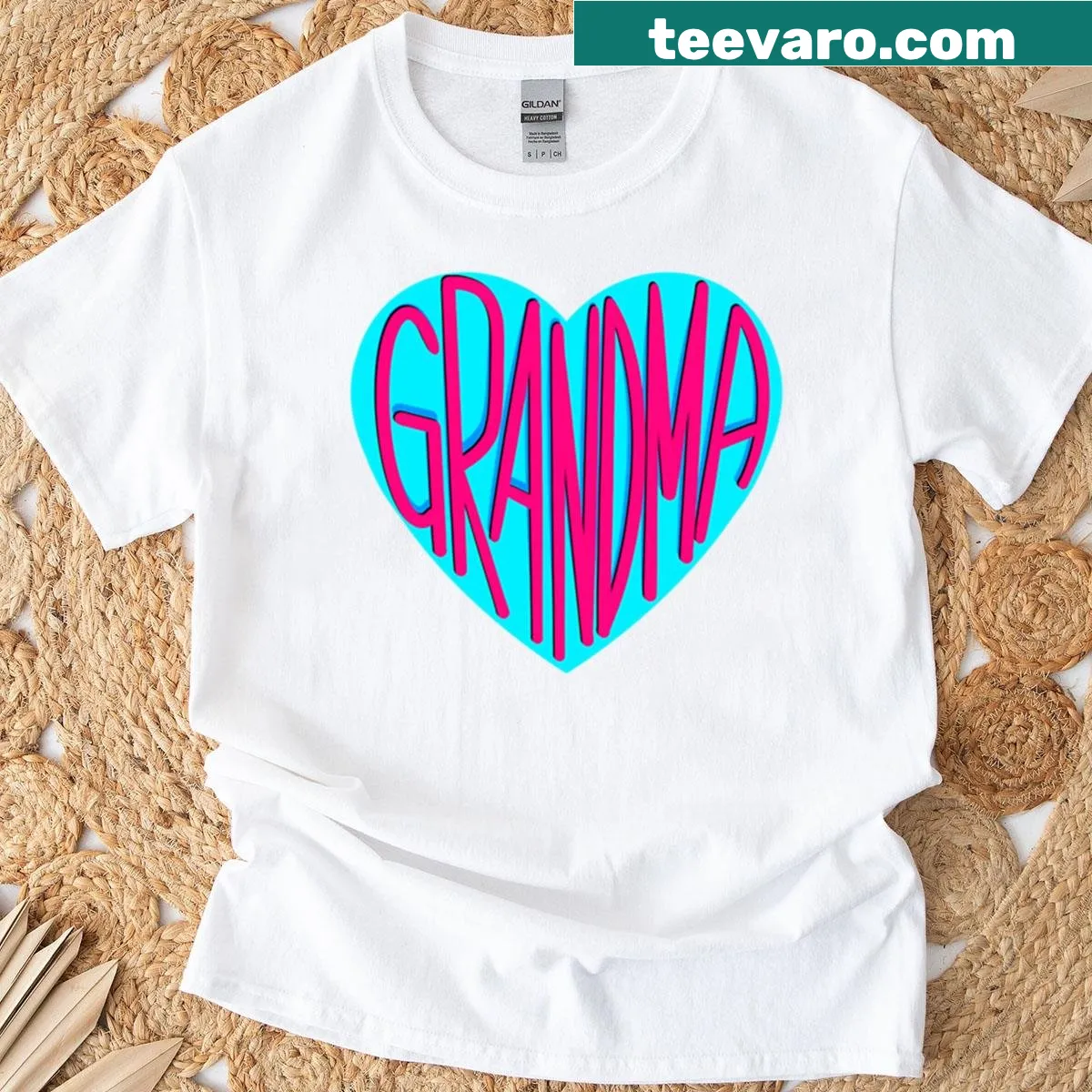 Heart design with pink lettering saying Grandma in neon blue — on a men's t-shirt