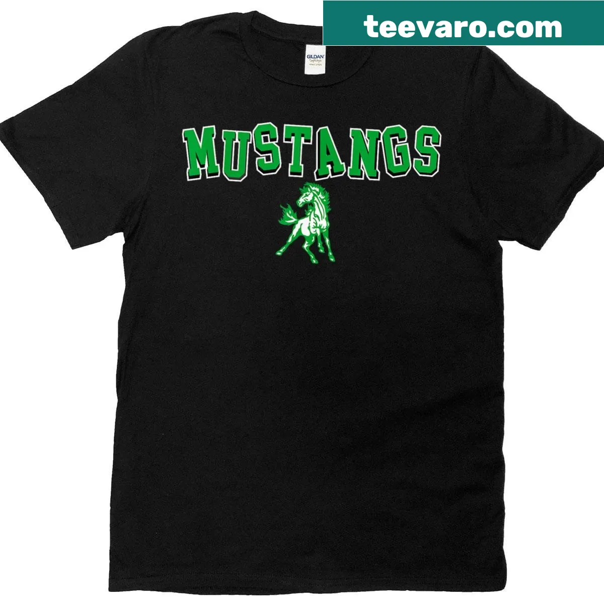 Vintage-style T-shirt featuring the Green Mustangs logo for school spirit — on a men's t-shirt