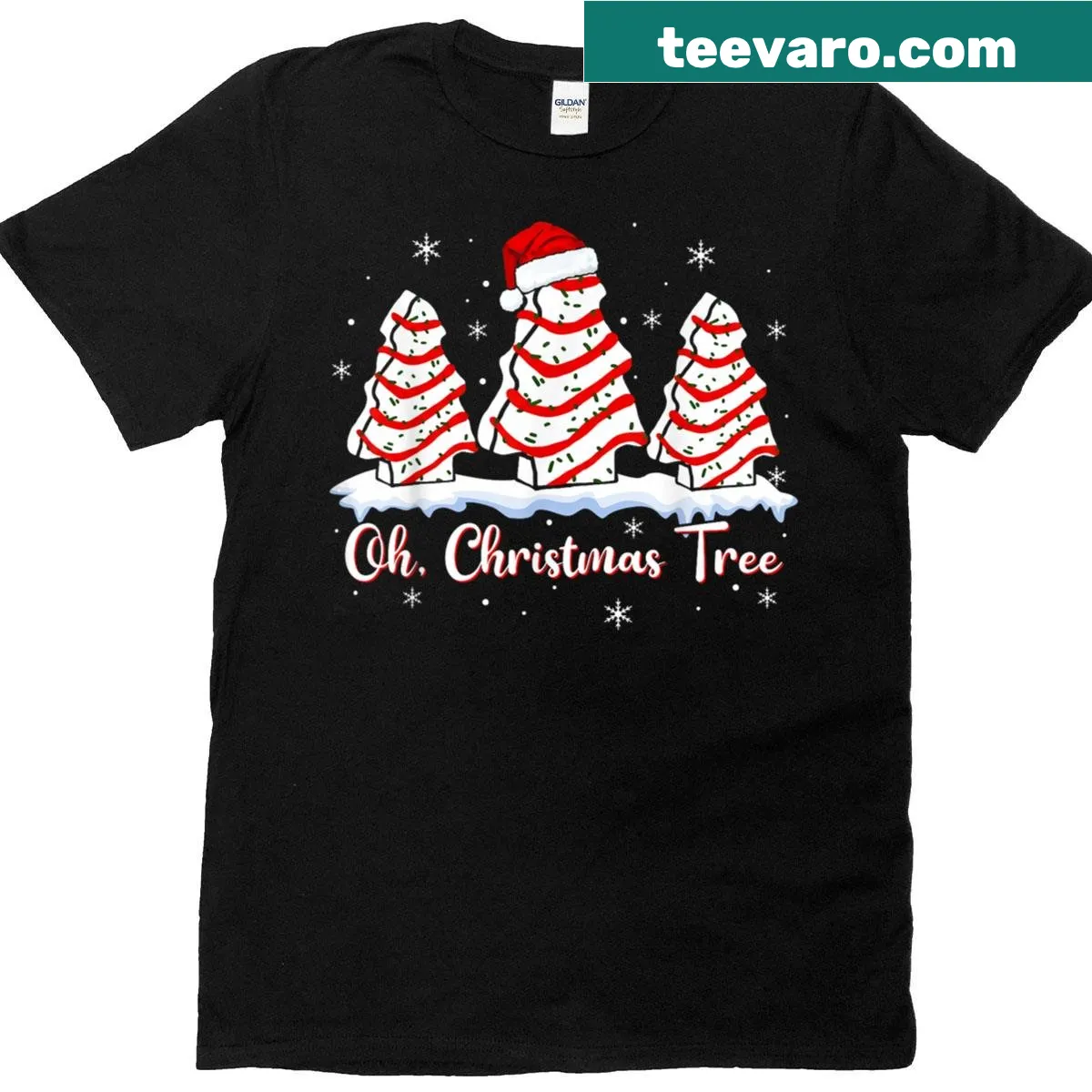 Cartoon graphic of a cake topped with a Christmas tree for cake lovers — on a men's t-shirt