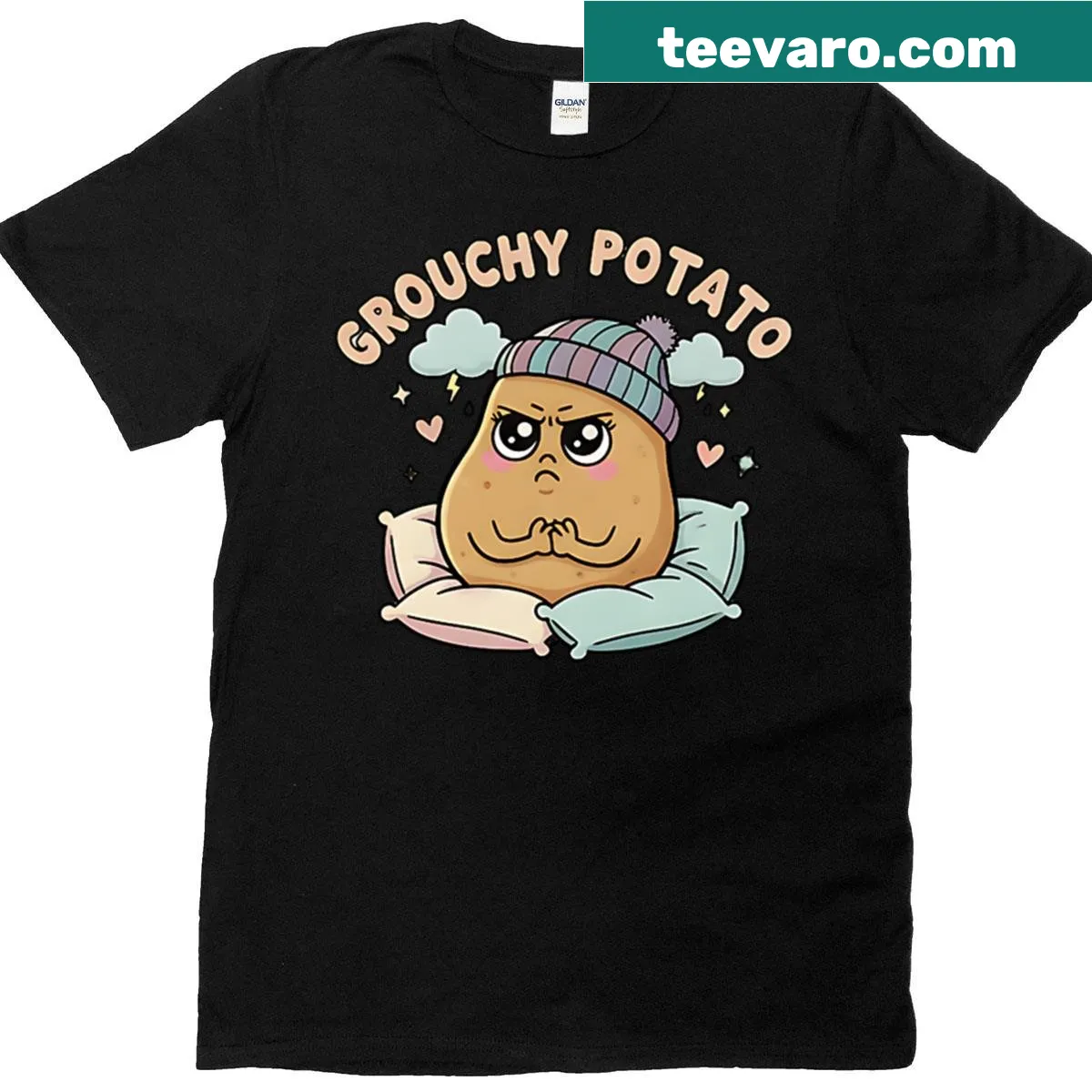 Cute grumpy potato character T-shirt for winter humor — on a men's t-shirt