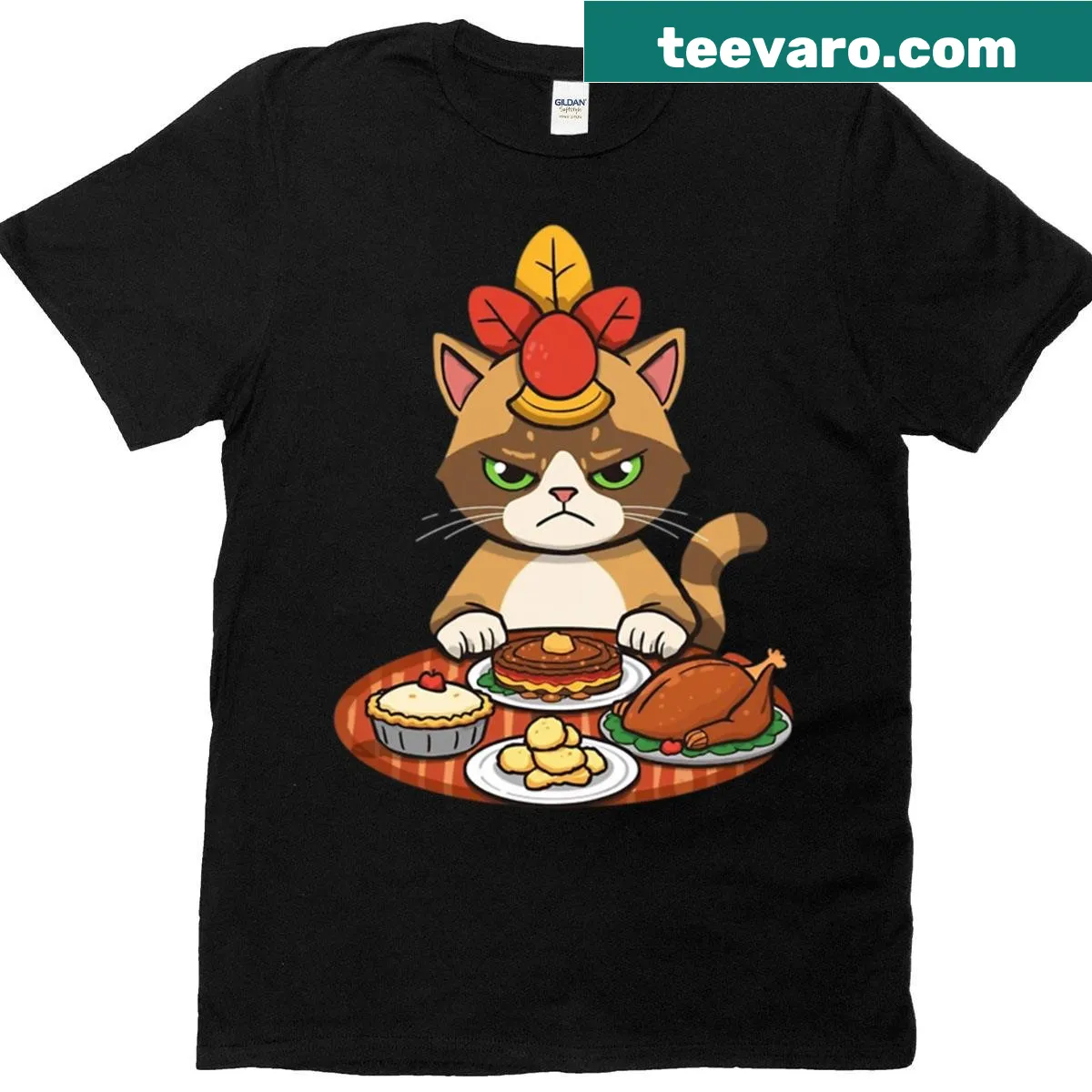 Illustration of Grumpy Cat at Thanksgiving dinner on a T-shirt — on a men's t-shirt