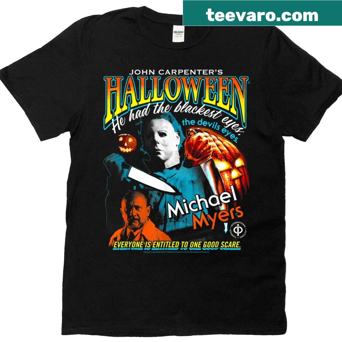 Colorful Halloween-themed shirt inspired by 90's horror movie posters — on a men's t-shirt