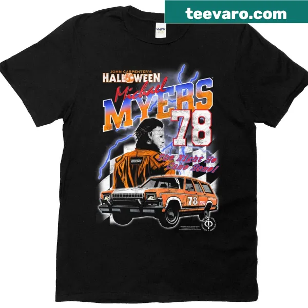 Horror-themed shirt featuring Michael Myers from Halloween in a racing design