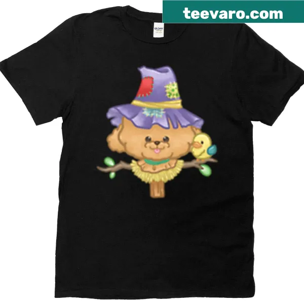 Illustrated T-shirt featuring a scarecrow and a poodle for Halloween