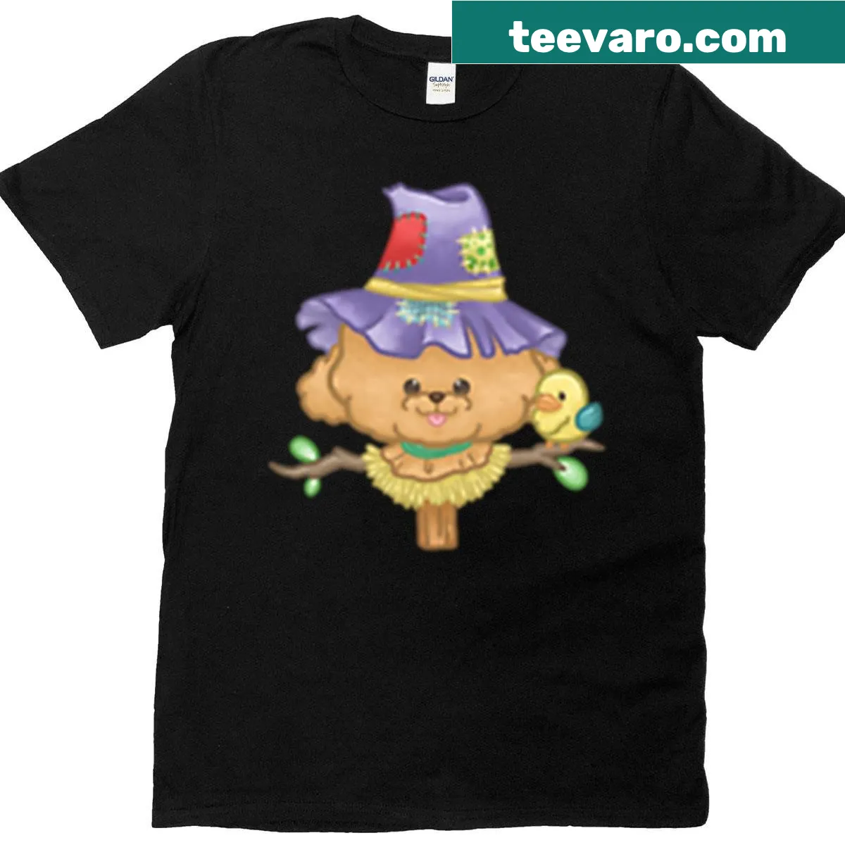 Illustrated T-shirt featuring a scarecrow and a poodle for Halloween — on a men's t-shirt