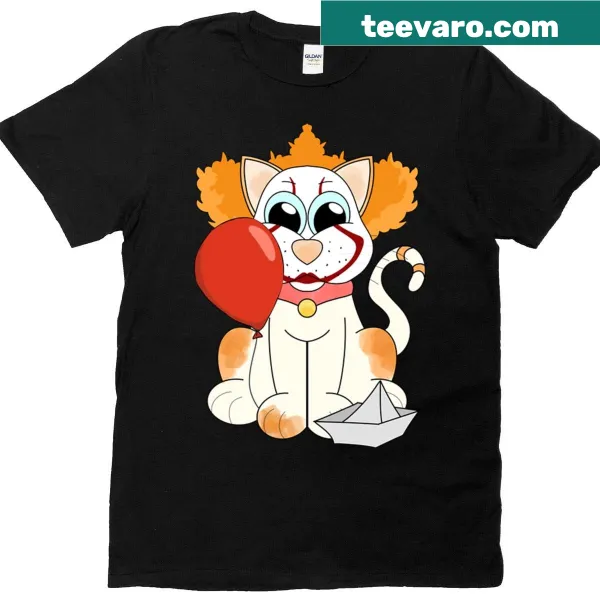 T-shirt featuring a cat dressed as Pennywise for Halloween.