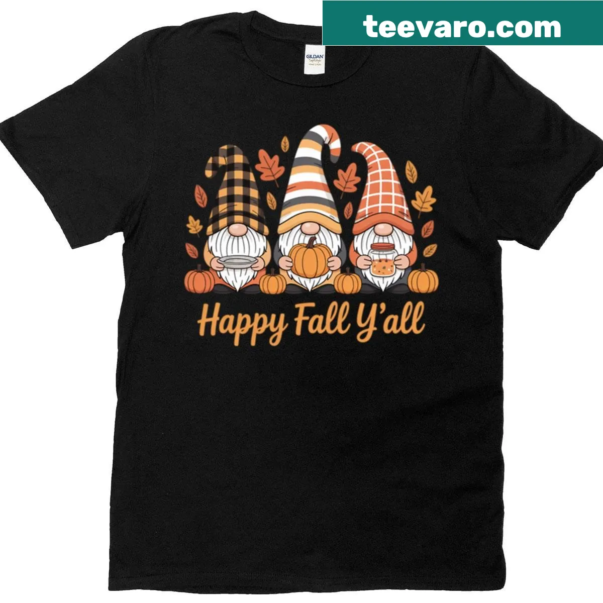 Autumn-themed t-shirt with gnomes and pumpkins — on a men's t-shirt