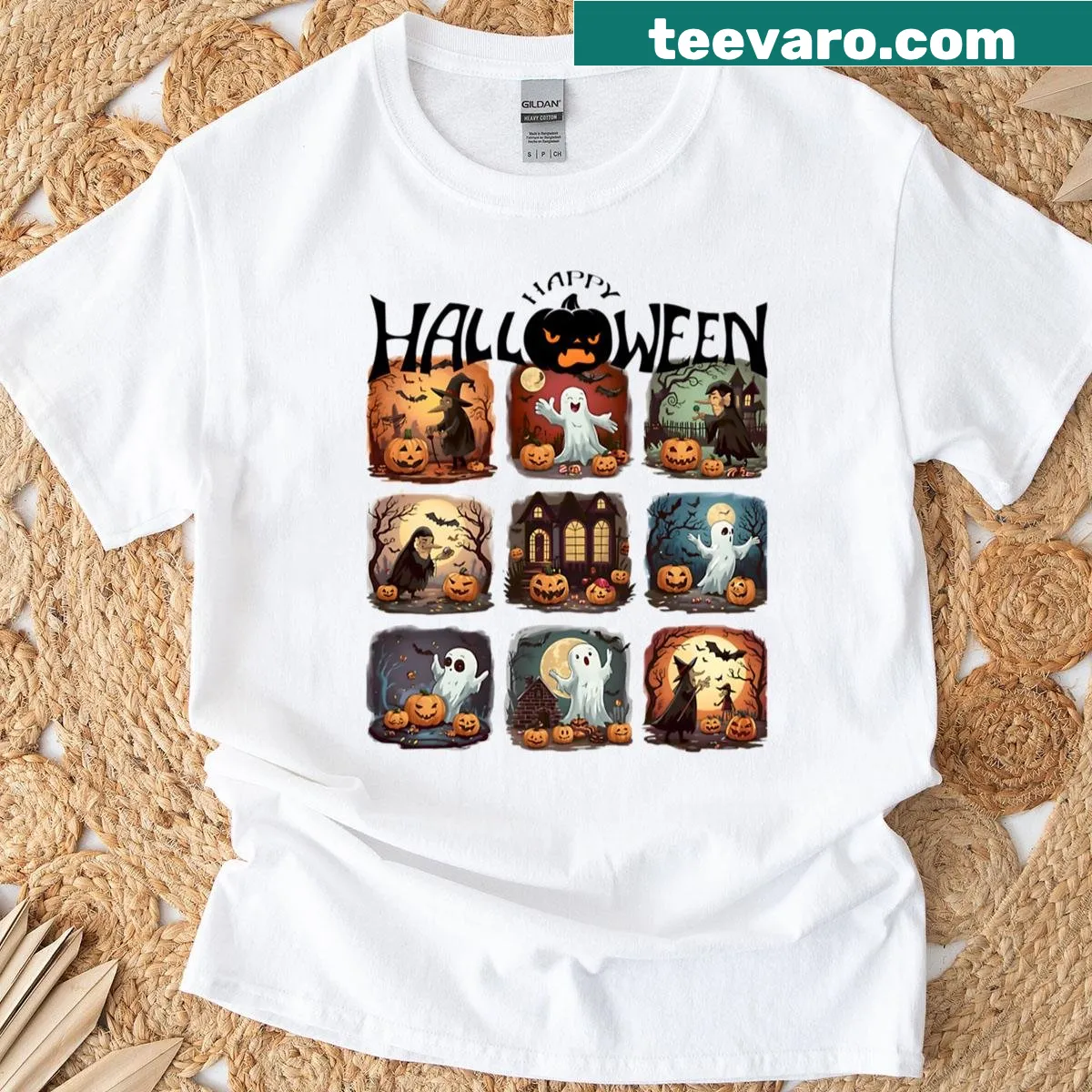 Halloween-themed t-shirt featuring playful spooky illustrations — on a men's t-shirt
