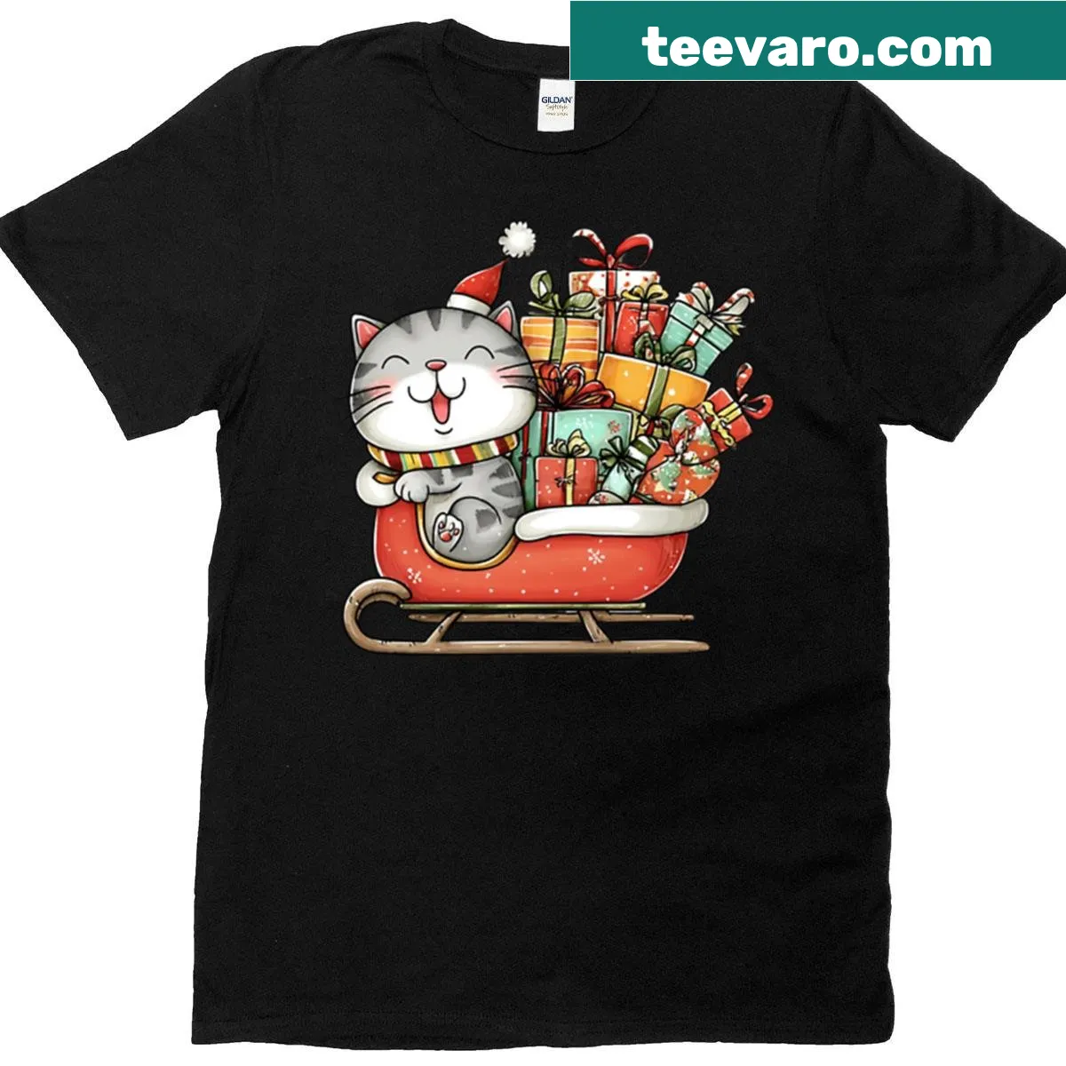 Festive cat t-shirt with holiday presents — on a men's t-shirt