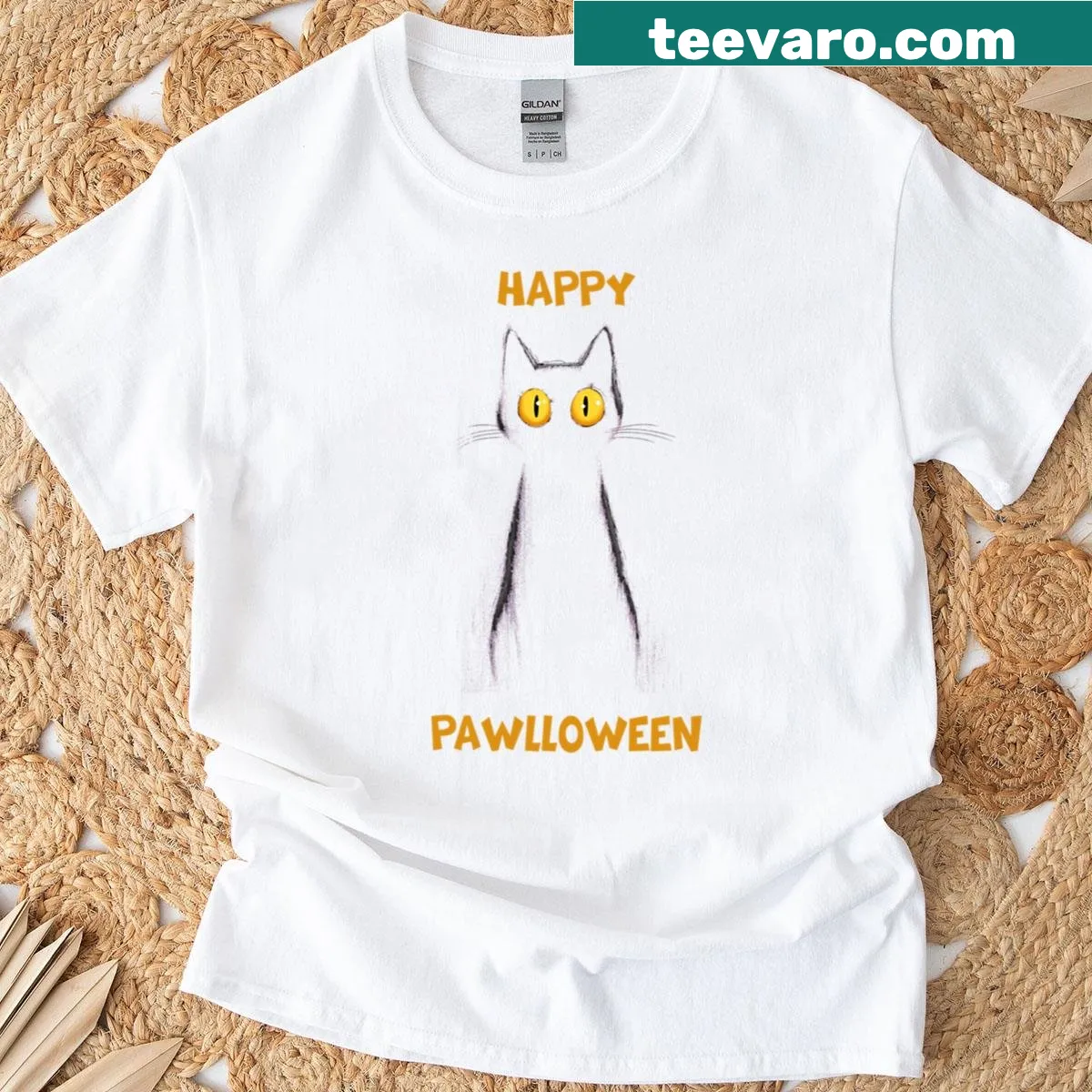 Minimalist Halloween cat pun t-shirt with playful graphic — on a men's t-shirt
