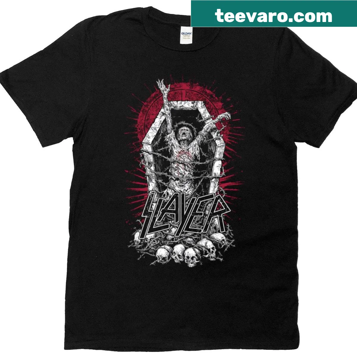 Shirt with the text 'Hell Awaits' in a bold design — on a men's t-shirt