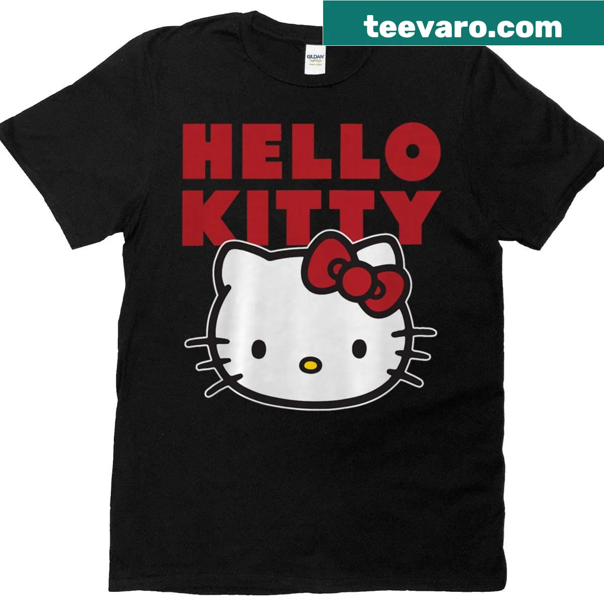 Hello Kitty big face graphic with bold text — on a men's t-shirt