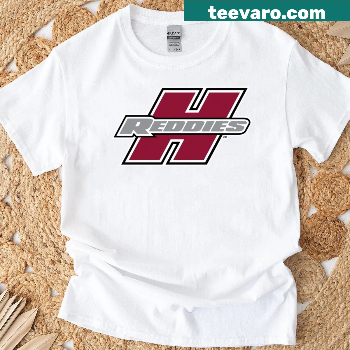 T-shirt featuring Henderson State University Reddies primary logo — on a men's t-shirt