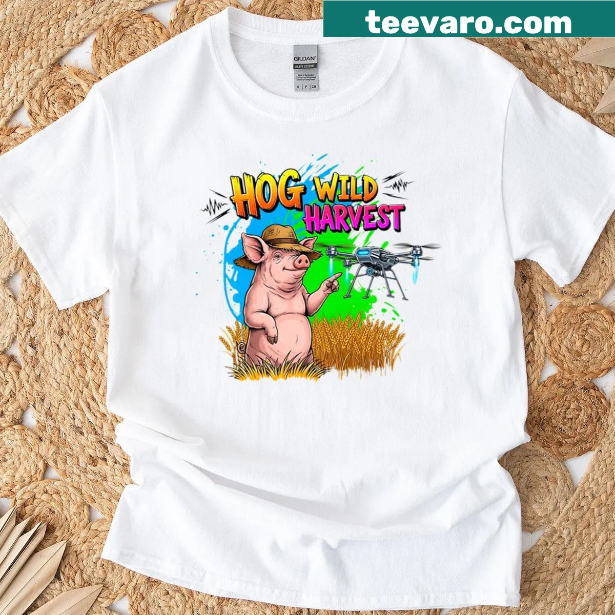 Funny pig and drone cartoon graphic on a farmer's t-shirt. — on a men's t-shirt