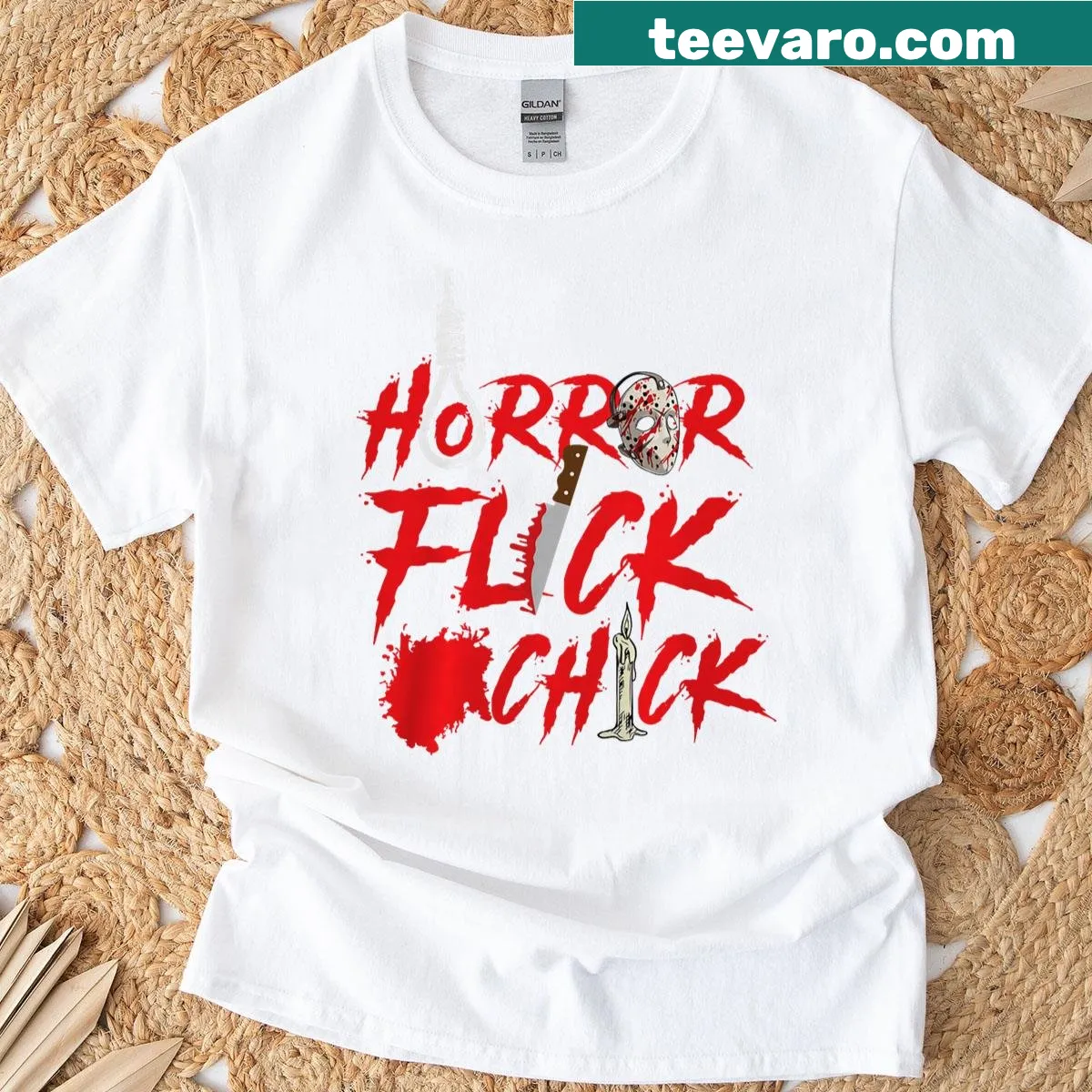 Vintage-style horror movie themed t-shirt with a distressed look — on a men's t-shirt