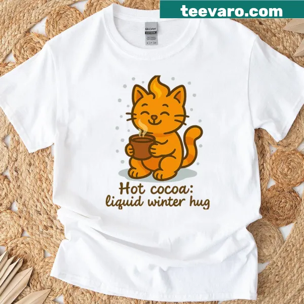 Cute orange cat drinking hot cocoa in a snowy scene