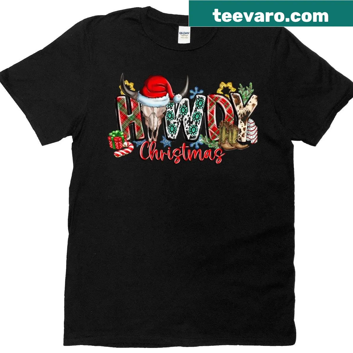 Texas-themed Christmas t-shirt with cowboy boots graphic — on a men's t-shirt
