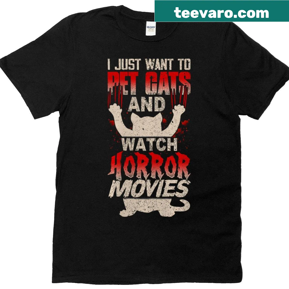 Funny cat and horror movies themed t-shirt — on a men's t-shirt