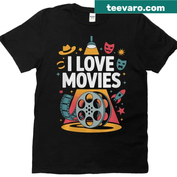 Film reel with spotlight and 'I Love Movies' text design