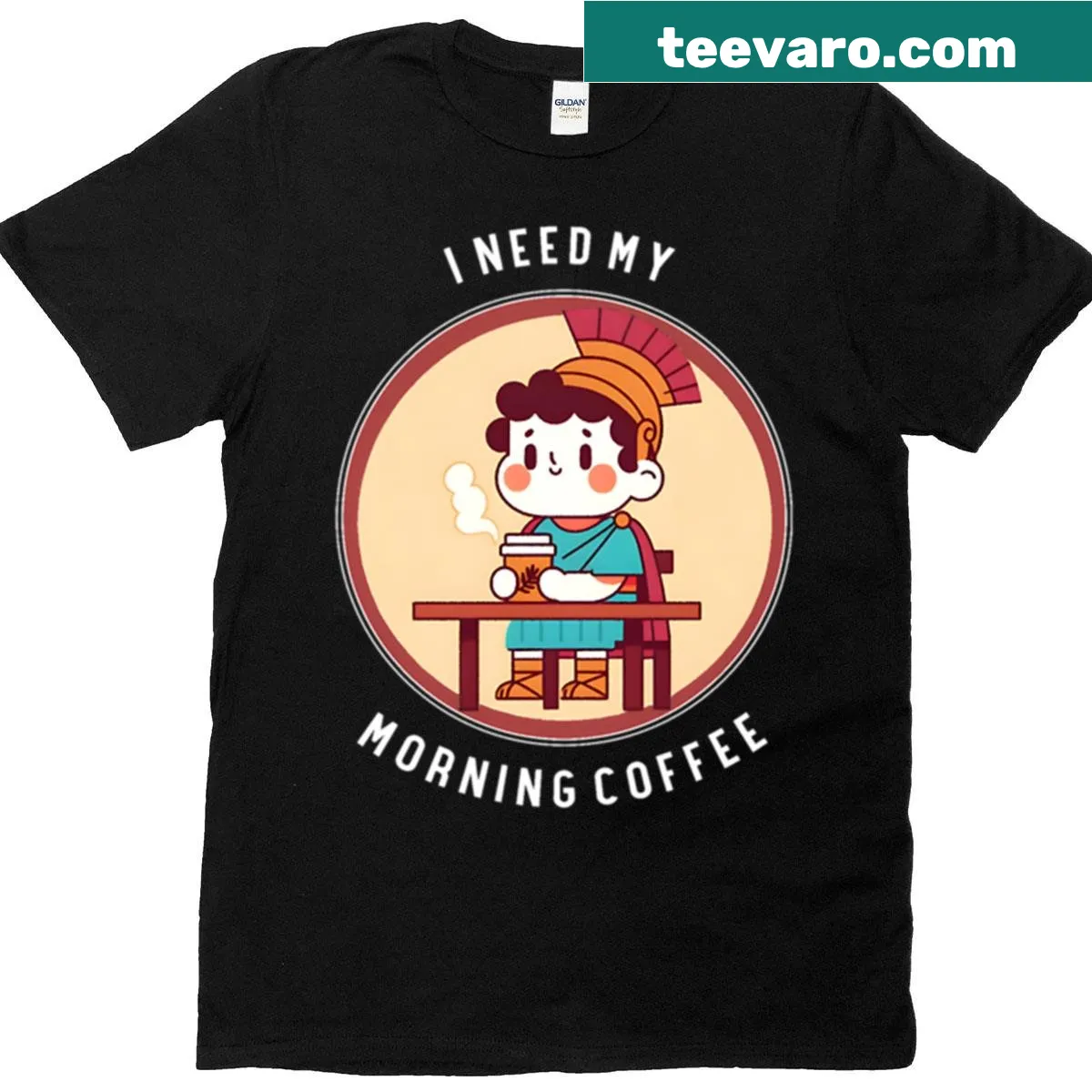 Witty coffee-themed t-shirt with Roman soldier graphic — on a men's t-shirt