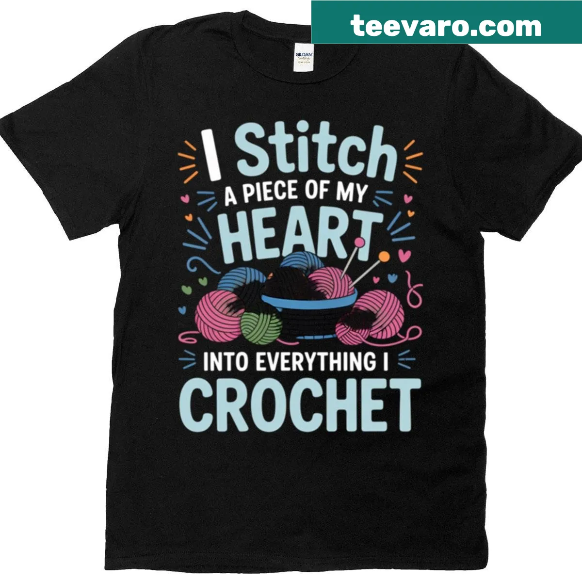 T-shirt with a heartfelt quote about crocheting and stitching — on a men's t-shirt