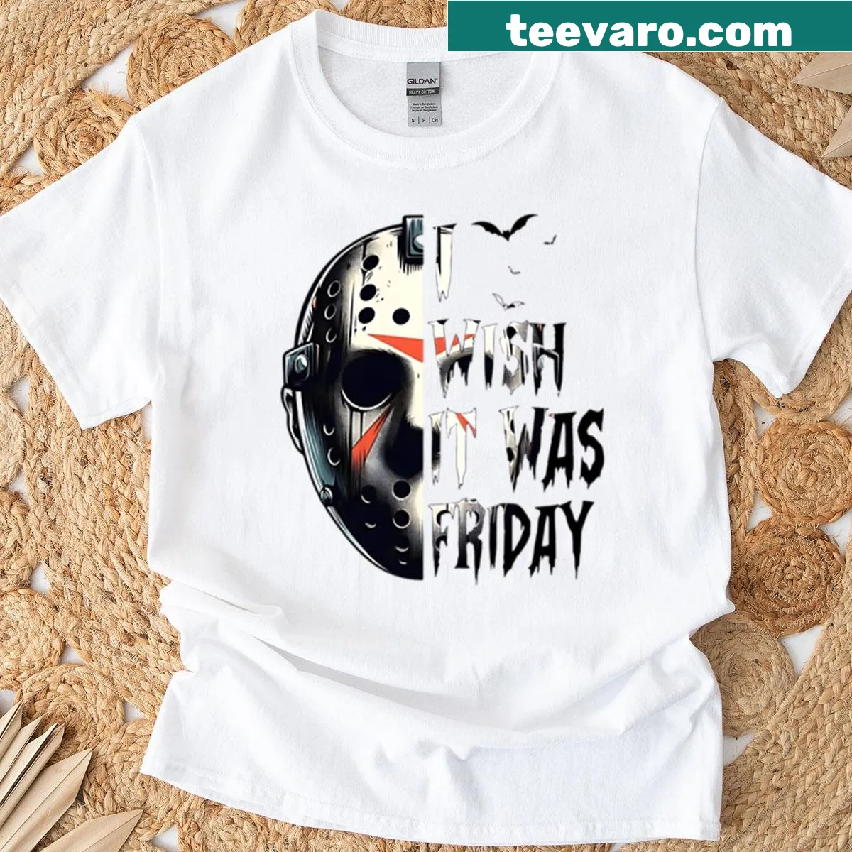 Oversized Halloween T-shirt with spooky mask and humorous text — on a men's t-shirt