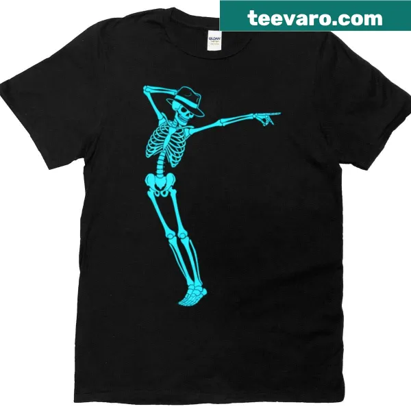 Playful cartoon skeleton dancer T-shirt with a blue glow effect