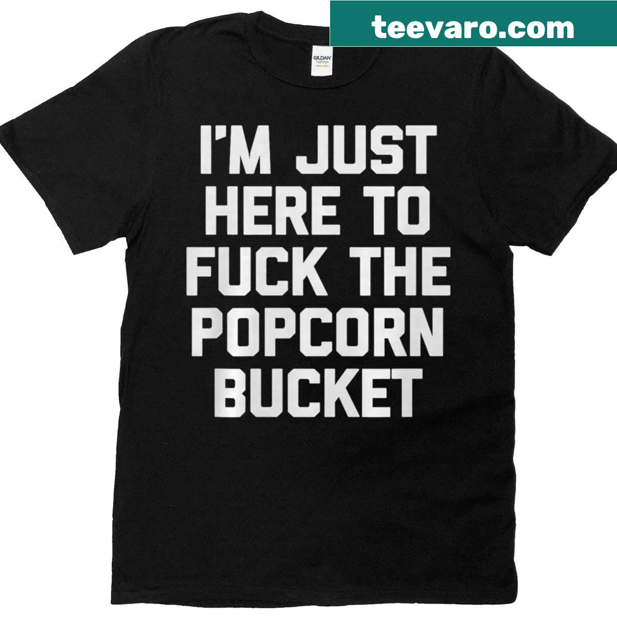 Funny movie-themed t-shirt with humorous popcorn bucket saying — on a men's t-shirt