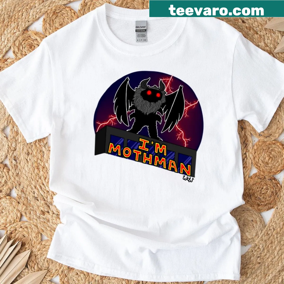 Illustrative shirt featuring Mothman with a playful design — on a men's t-shirt