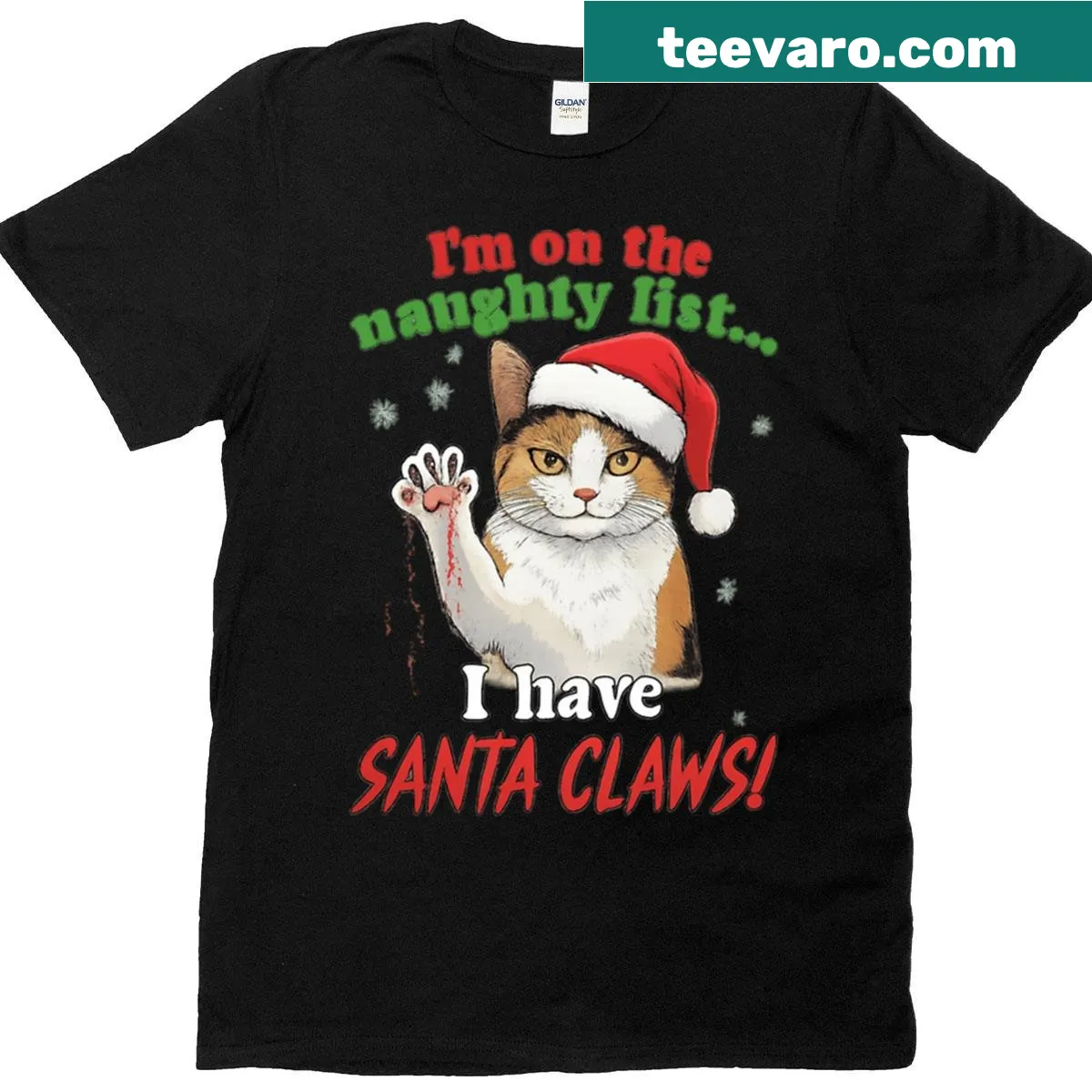 Funny Christmas shirt with a cat dressed as Santa — on a men's t-shirt