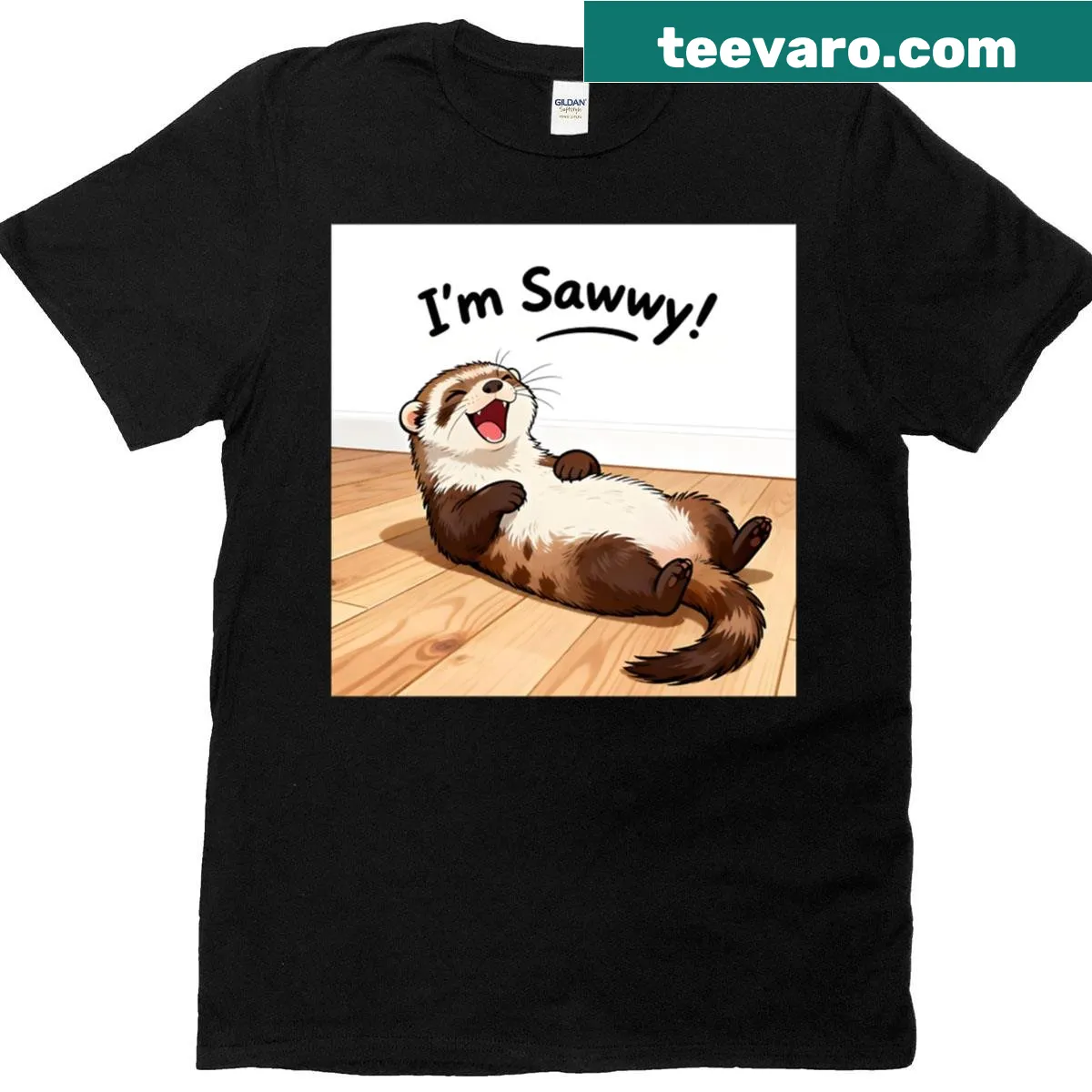 Oversized t-shirt featuring a laughing ferret and funny apology text — on a men's t-shirt