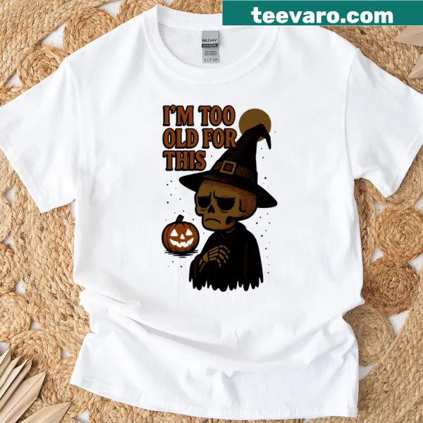Cartoon graphic T-shirt featuring a grumpy skeleton