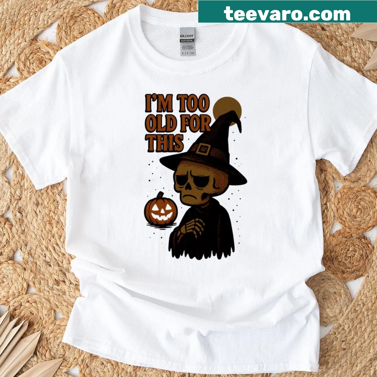 Cartoon graphic T-shirt featuring a grumpy skeleton — on a men's t-shirt