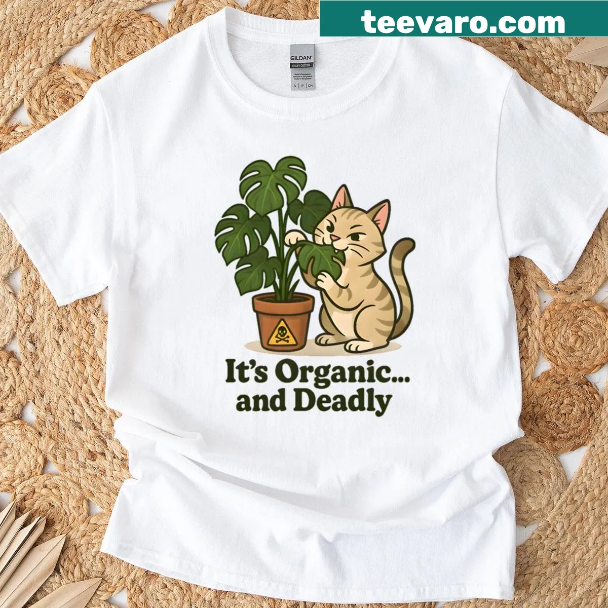 Funny t-shirt featuring the quote Its Organic And Deadly with cat and plant design — on a men's t-shirt