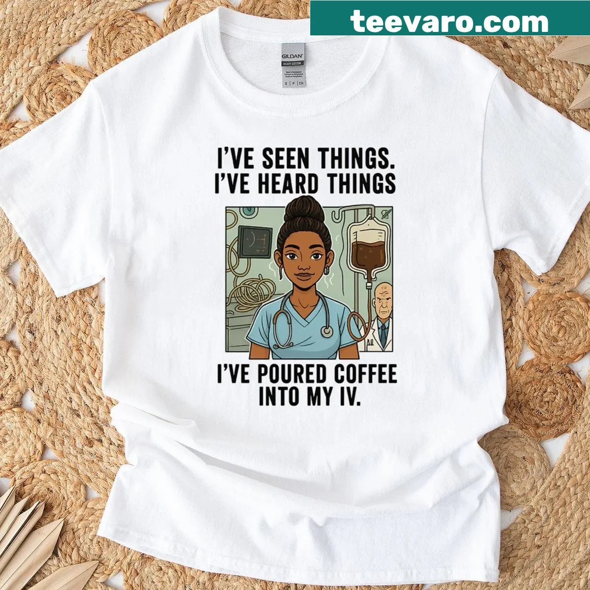 Funny nurse t-shirt with the quote Ive Poured Coffee Into My IV — on a men's t-shirt
