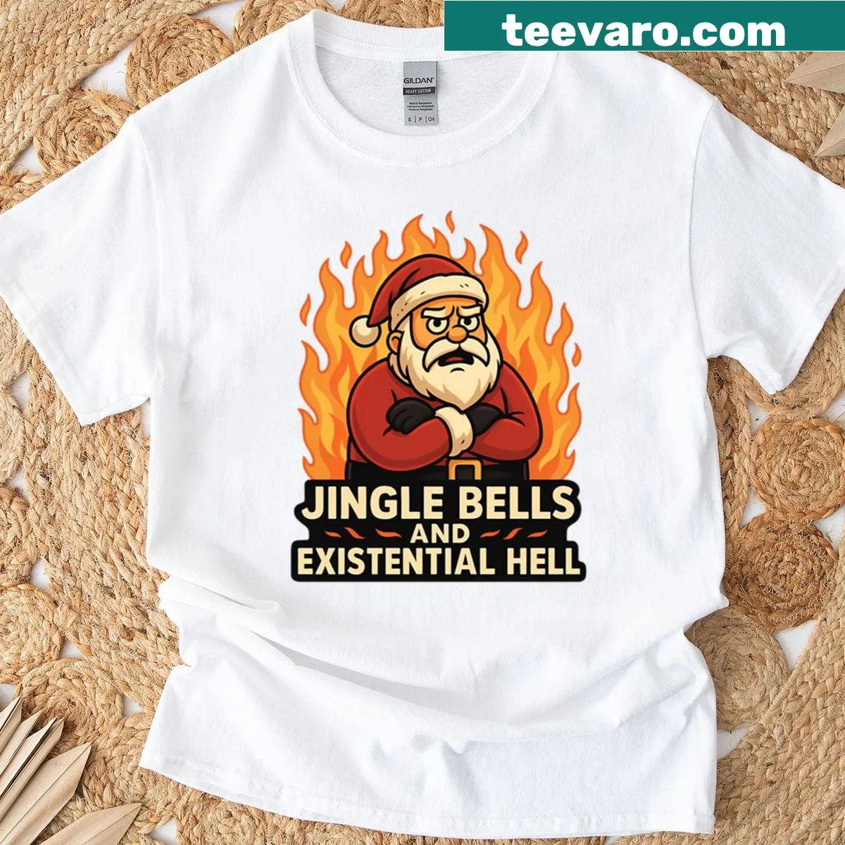 Funny oversized t-shirt with the phrase Jingle Bells And Existential Hell — on a men's t-shirt