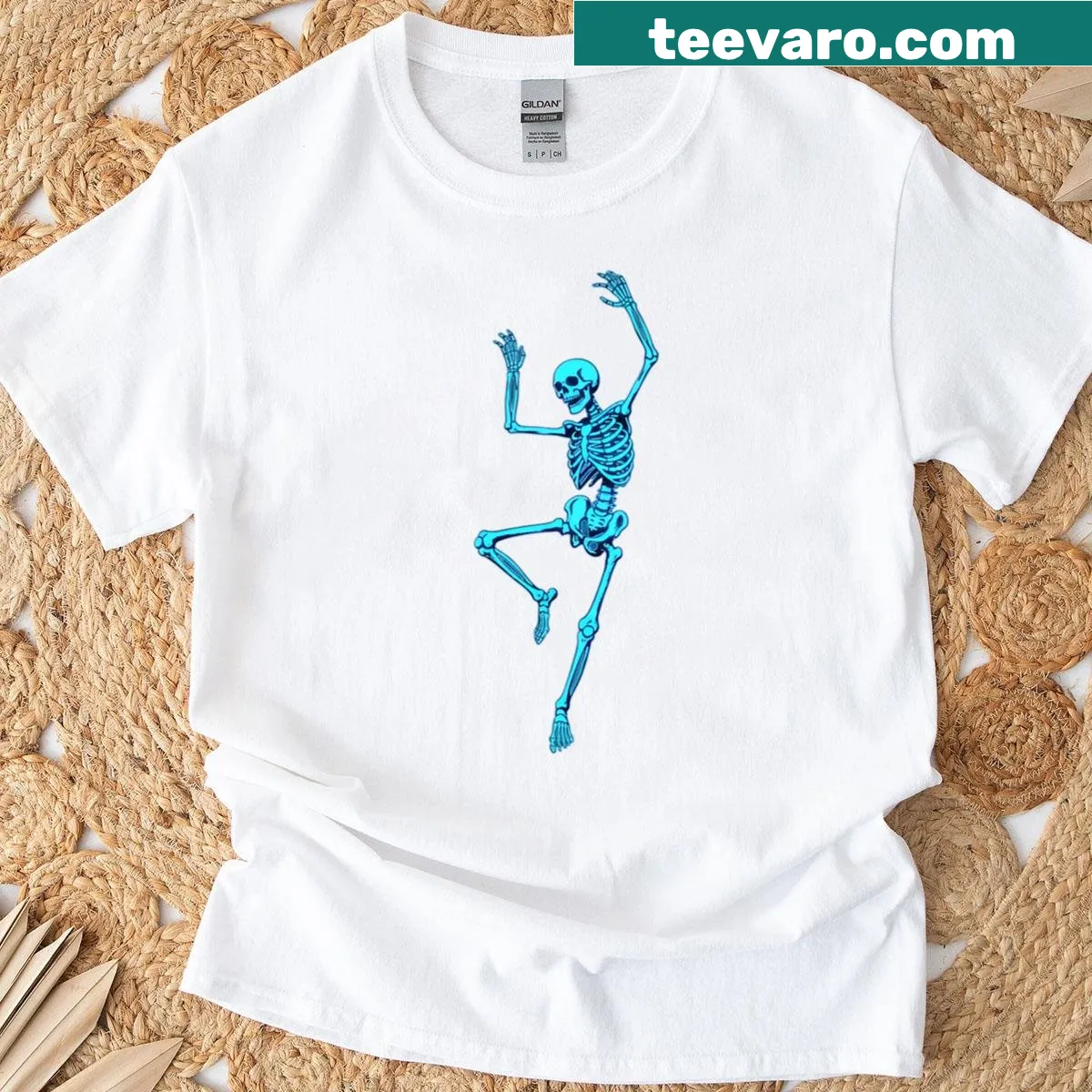 T-shirt featuring a joyful dancing skeleton in a fun design — on a men's t-shirt