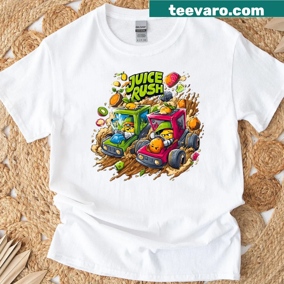 Street art design featuring fruit race cars on a t-shirt — on a men's t-shirt