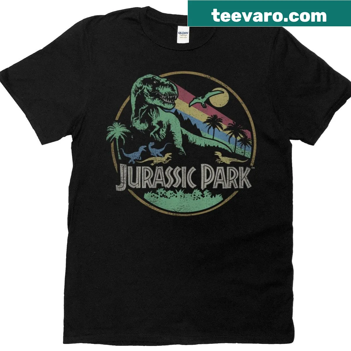 Retro Jurassic Park logo t-shirt with a dark circle design — on a men's t-shirt
